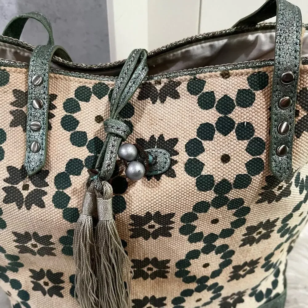 NEW Moroccan Boho Canvas Vegan Leather Whipstitched Sage Tan Tote Shoulder Bag